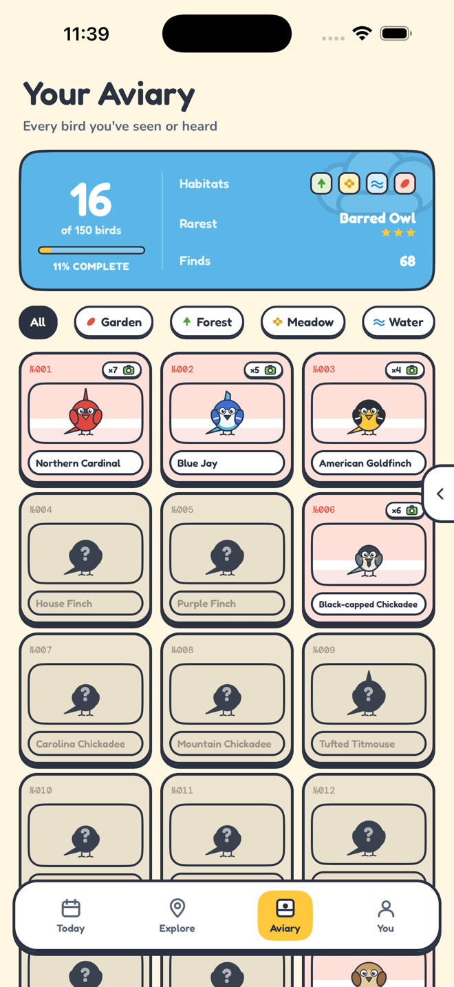 Songtrail's Aviary collection grid of bird cards