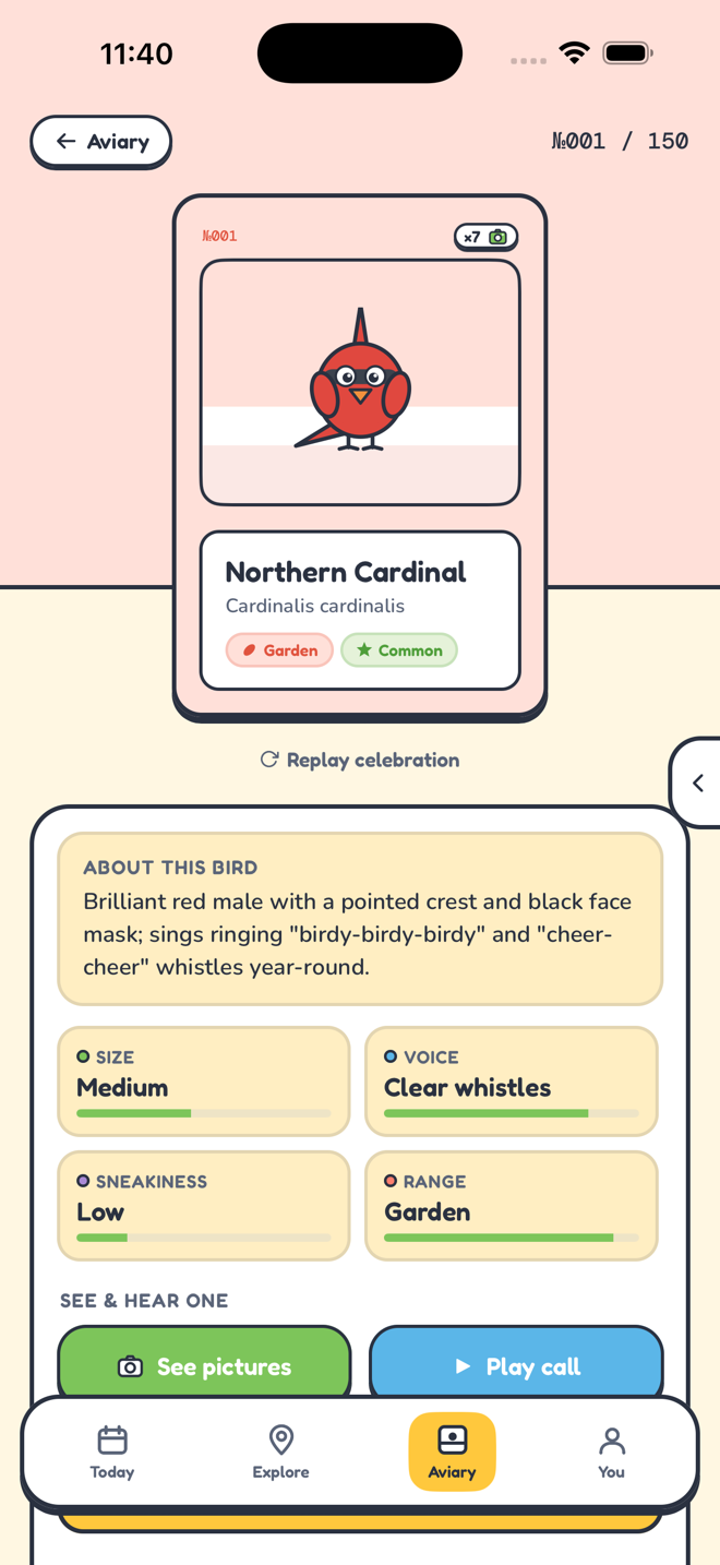 A Songtrail bird detail page with stats and a field note