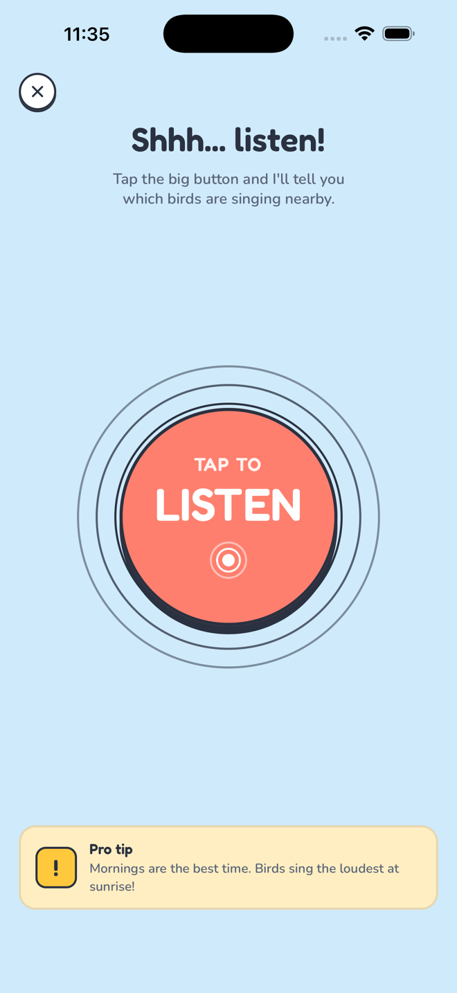 Songtrail's Listen screen with a big tap-to-listen button